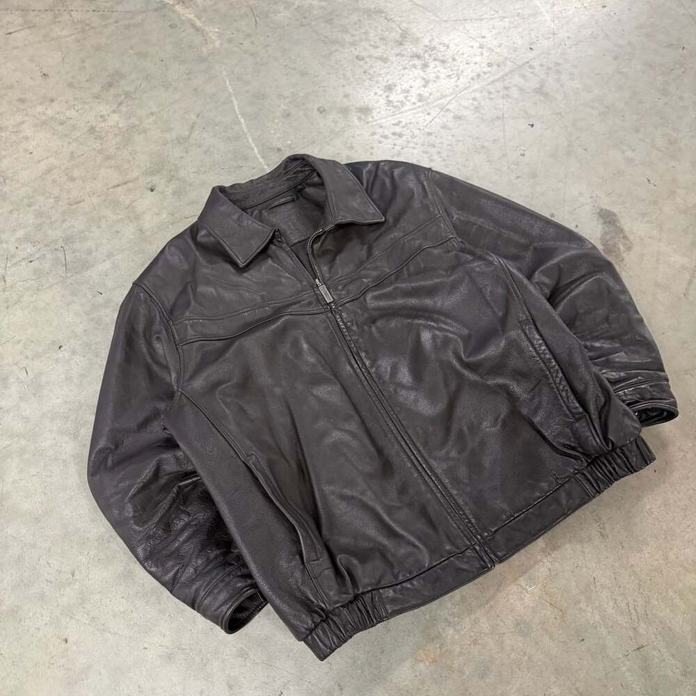 Vintage Genuine Leather Bomber Jacket Size XL Brown Full Zip 90s Casual